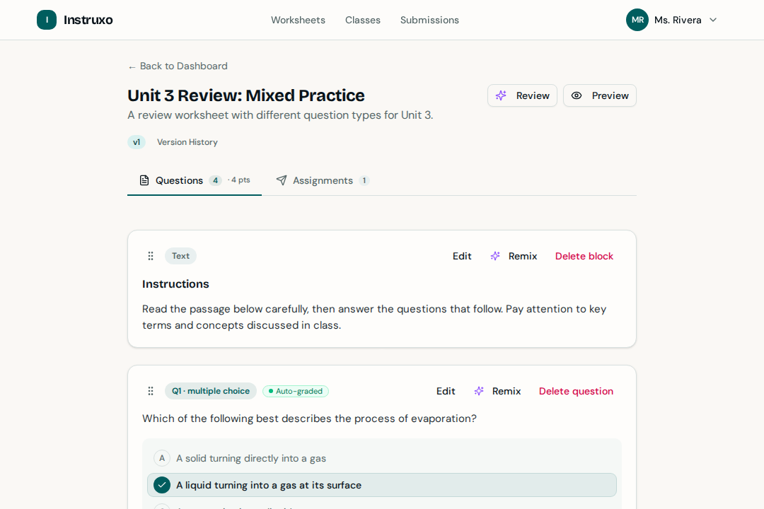 Worksheet editor with mixed question types
