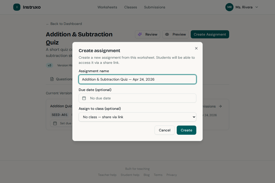 Create Assignment dialog