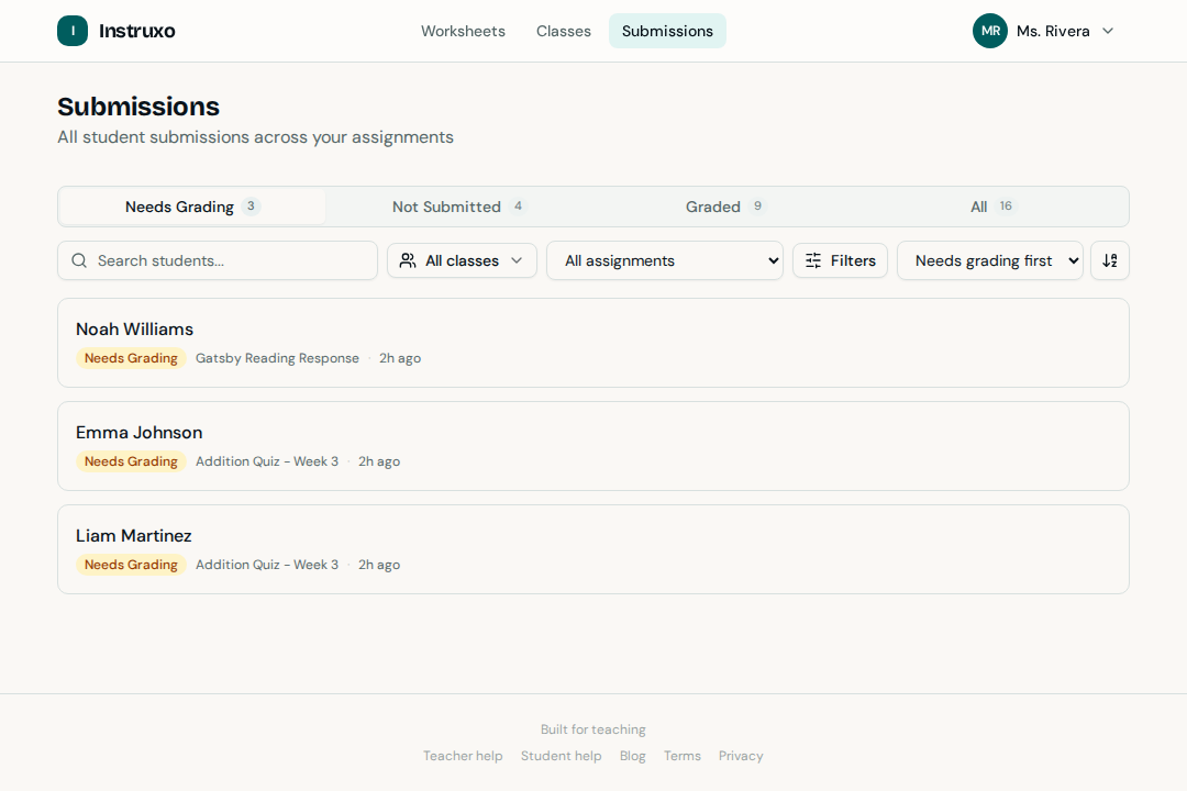 Submissions inbox with filters and grading status
