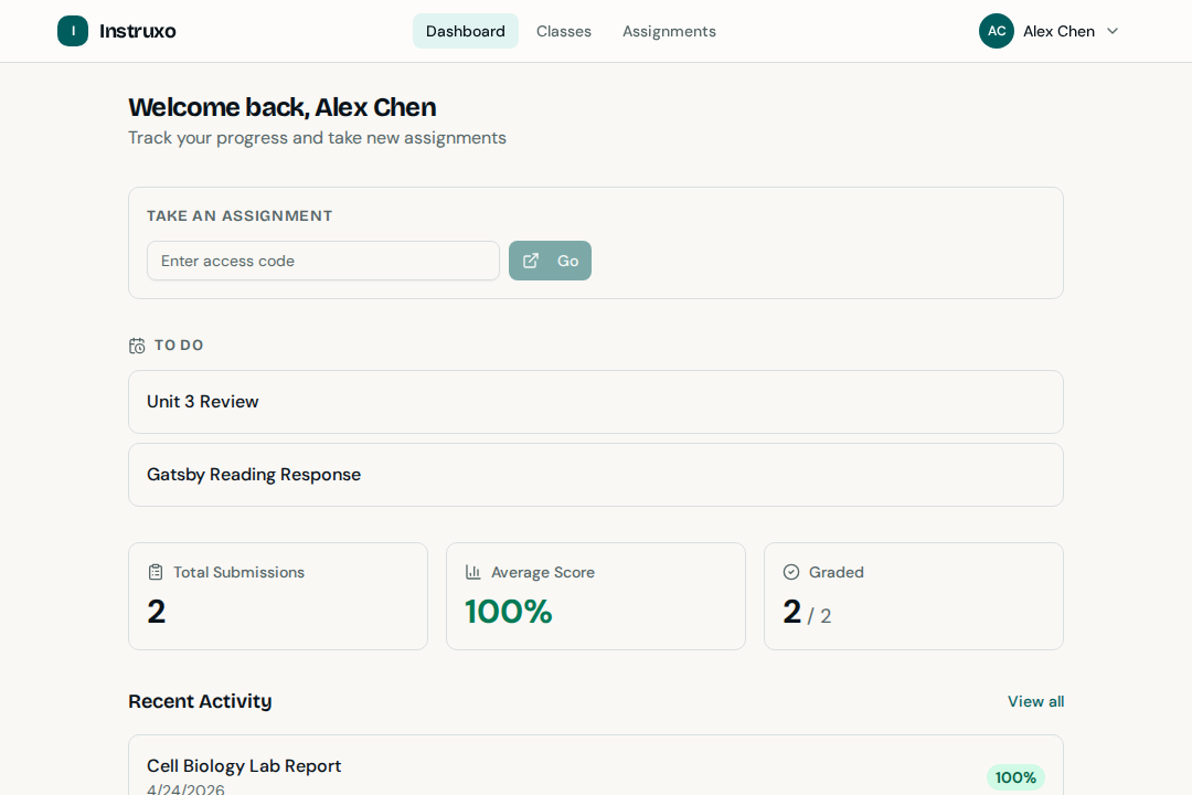 Student dashboard with upcoming assignments and performance summary
